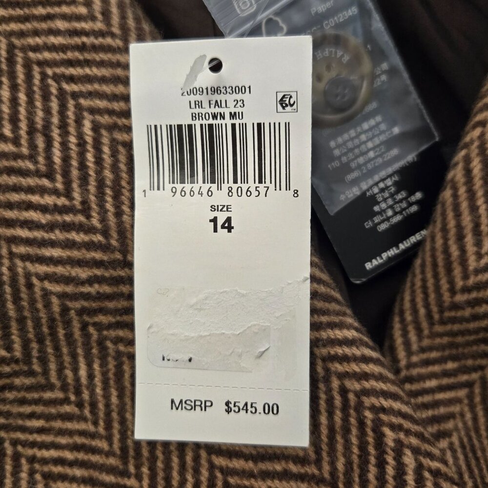 Ralph Lauren Double-Breasted Herringbone Coat 14 Tan Multi Wool Academia NWT - Picture 9 of 13